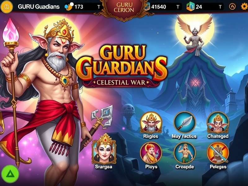 Guru Guardians Celestial War main banner showing divine characters and celestial battlefield