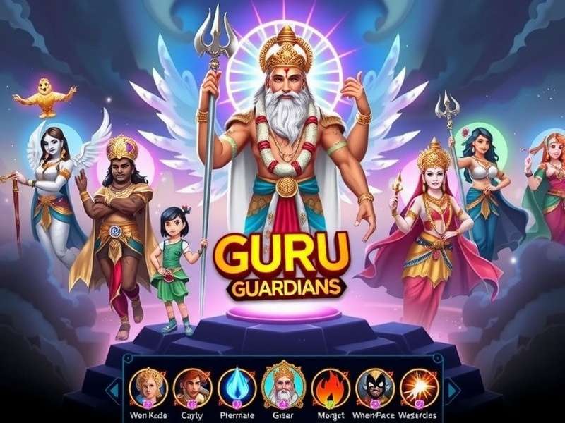 Guru Guardians Celestial War gameplay interface showing character abilities and celestial battlefield