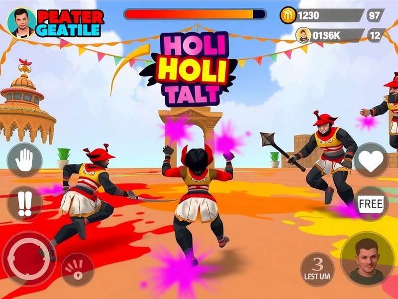 Holi Champion Battle gameplay screenshot showing colorful festival environment