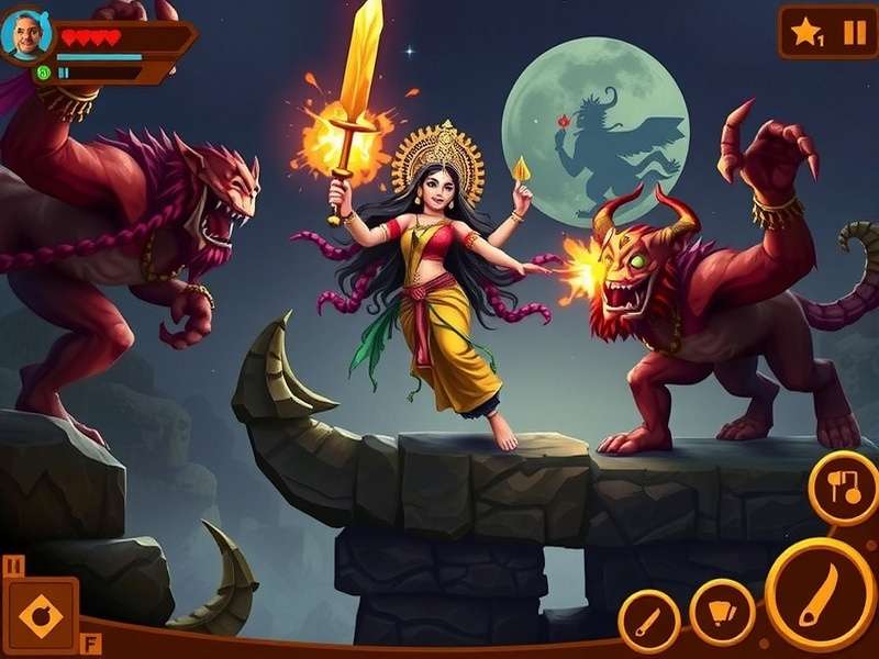 Mystic Durga S Adventure gameplay screenshot showing Durga battling demons