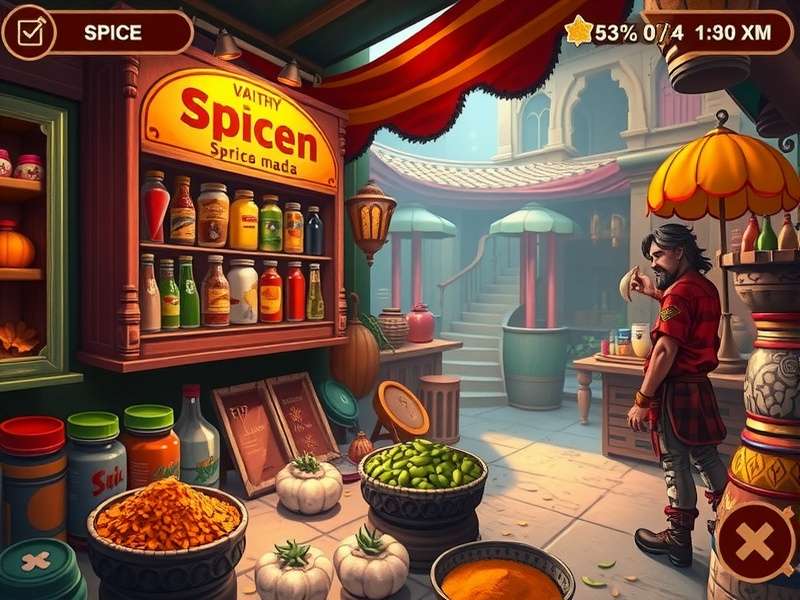 Sky High Spice Trek character solving puzzle in Indian marketplace