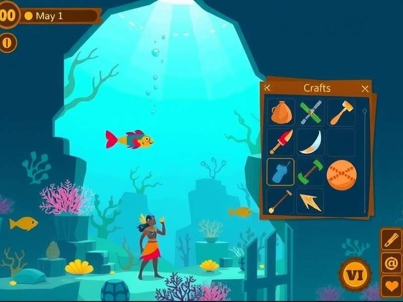 Crafting interface in Underwater Jungle Odyssey showing various tools and resources