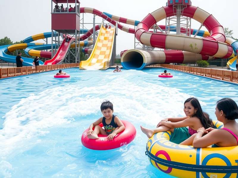 Colorful water slides at Jamuna Water World with visitors having fun