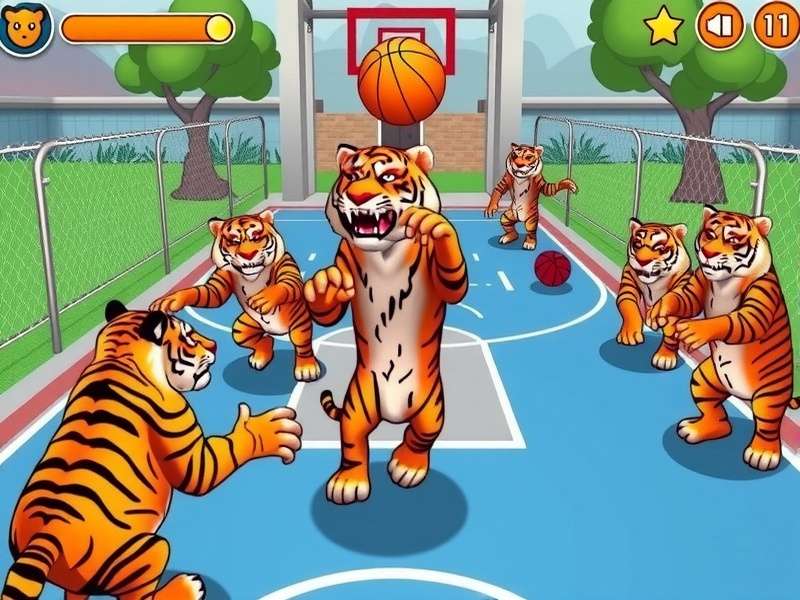 Tiger Slam Dunk Showdown gameplay screenshot showing tigers playing basketball