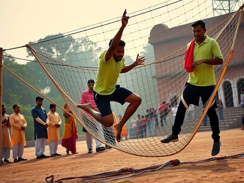Historical depiction of Bhangra Net Leaper in traditional setting