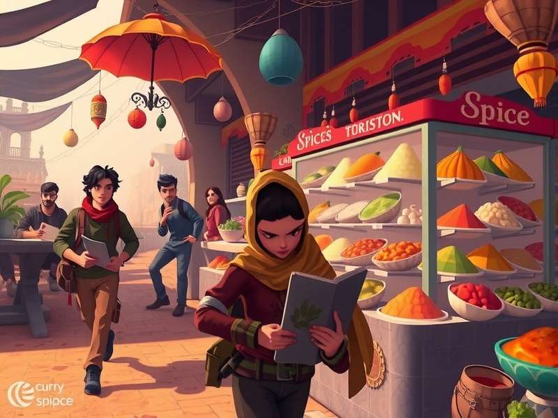 Character exploring vibrant Indian marketplace in Curry Spiced Odyssey