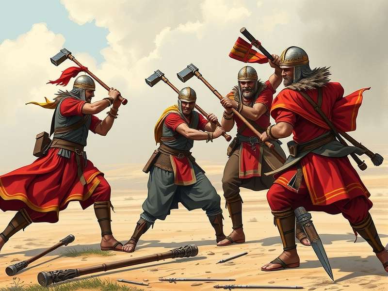 Historical depiction of Maratha warriors training with maces