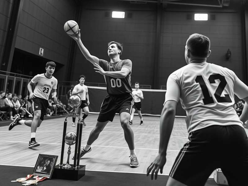 Handball players in action during an intense match