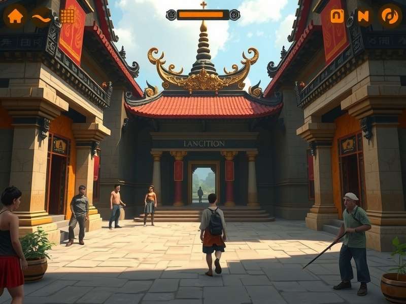 Temple Pilgrim Walk gameplay screenshot showing character at temple entrance