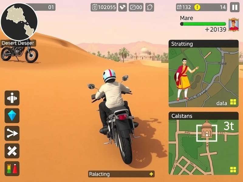 Rajasthan Desert Rider gameplay screenshot showing desert landscape and motorcycle