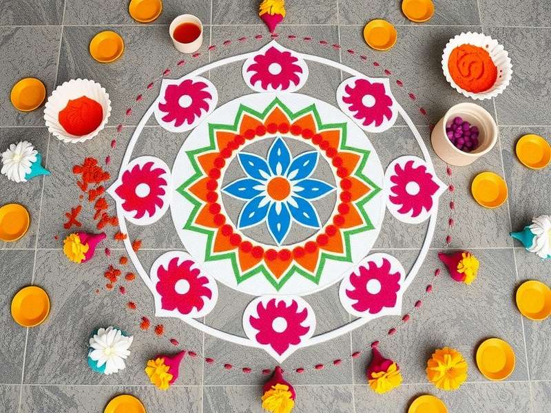 Traditional Indian Rangoli design with intricate patterns and bright colors
