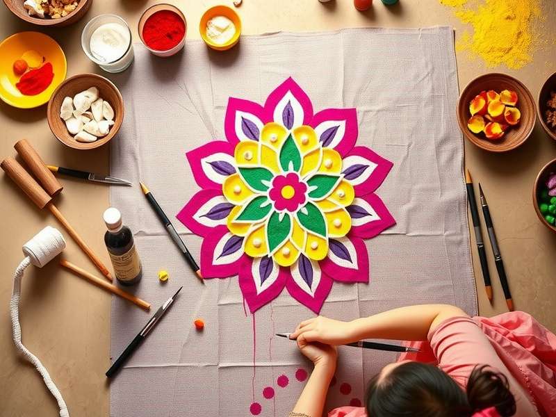 Step-by-step process of creating a Rangoli design from dots to finished pattern
