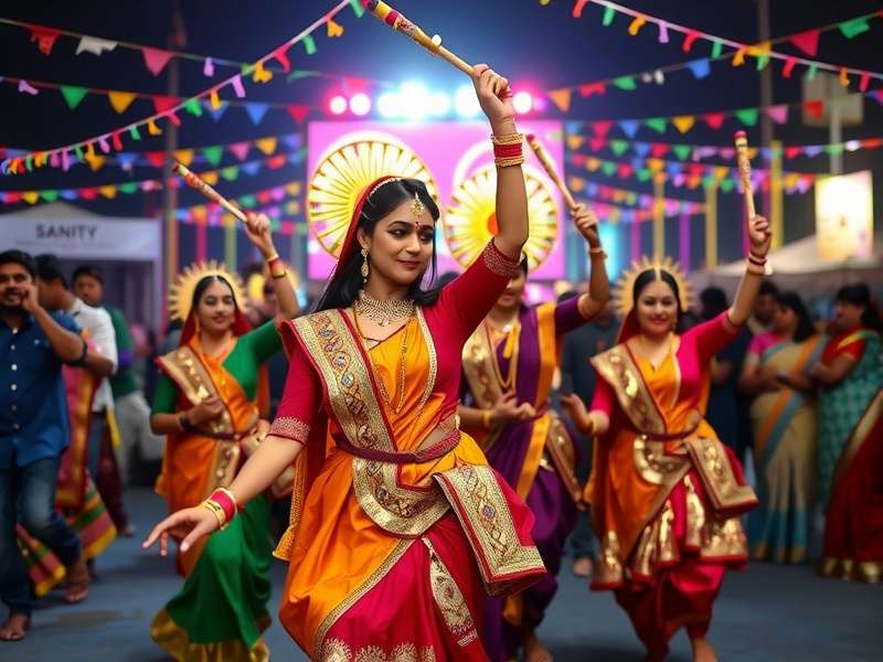 Modern Dandiya celebration with colorful lights and decorations