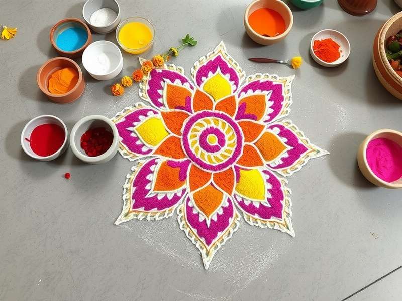 Various materials used in creating Rangoli including colored powders and flowers