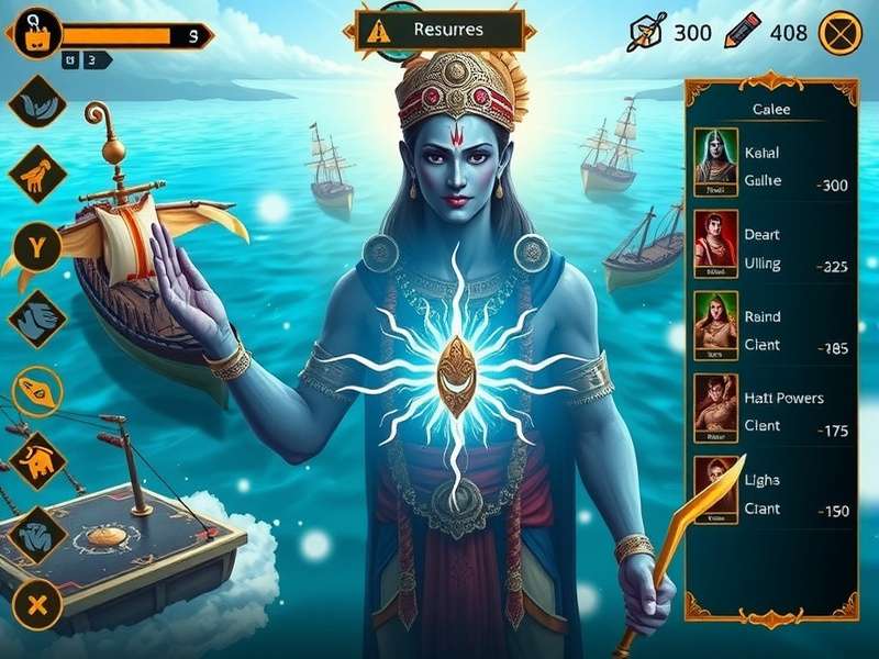 Krishna Ocean Overlord gameplay showing naval battle and divine powers