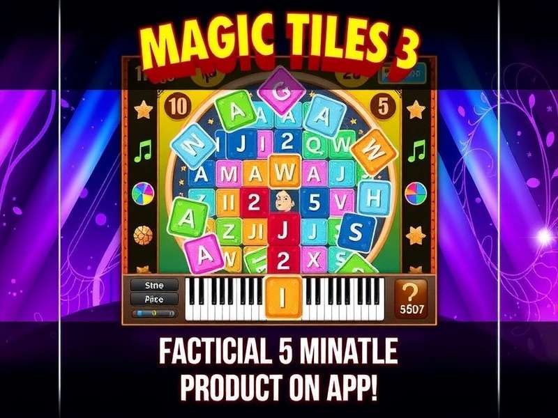 Smartphone screen showing Magic Tiles 3 gameplay with colorful tiles falling on piano keys