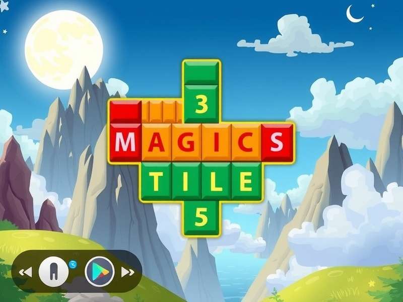 Magic Tiles Three Free Online gameplay interface showing three lanes of falling tiles with a vibrant neon background