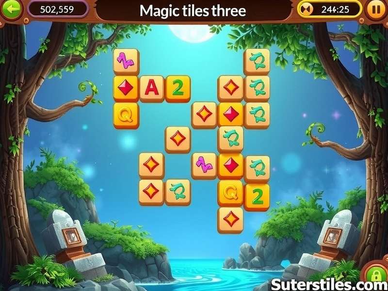 Magic Tiles Three gameplay on mobile phone showing colorful tiles and score interface